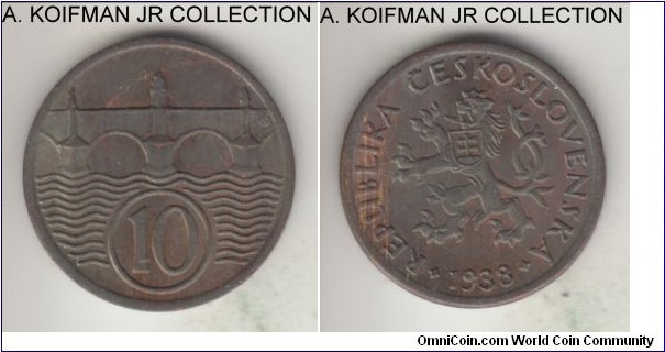 KM-3, 1938 Czechoslovakia 10 haleru; bronze, plain edge; first Republican type, average brown uncirculated.