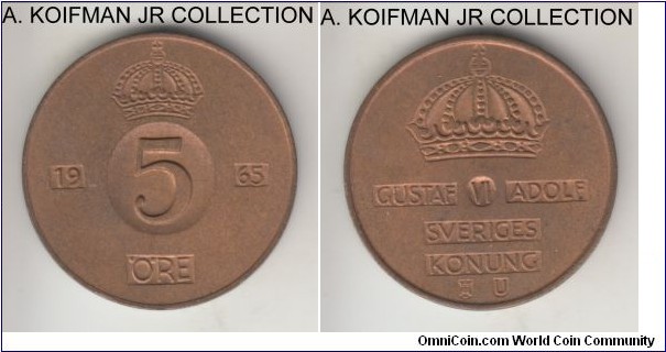 KM-822, 1965 Sweden 5 ore; bronze, plain edge; Gustaf VI, good uncirculated, lightly toned coin.