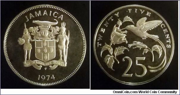 Jamaica 25 cents. 1974, Proof from Franklin Mint. Mintage: 22.000 pcs.