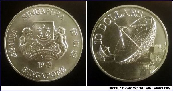 Singapore 10 dollars. 1979, Communication Satellite. Ag 500. Weight; 31,10g. Diameter; 40,7mm. Mintage: 168.000 pcs.