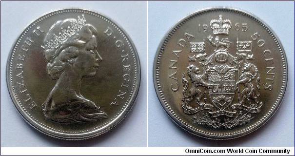 Canada 50 cents. 1965, Ag 800. Weight; 11,66g.