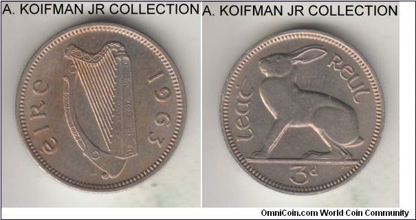 KM-12a, 1963 Ireland 3 pence; copper-nickel, plain edge; pre-decimal, choice uncirculated with subtle toning.