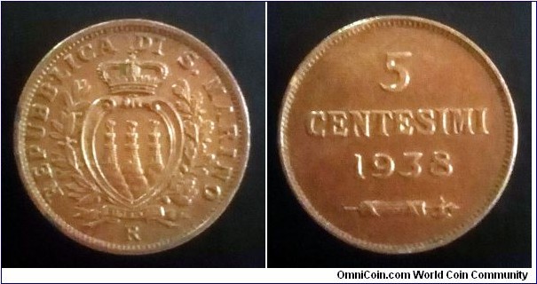 San Marino 5 centesimi. 1938, Mintage: 200.000 pcs.