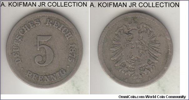 KM-3, 1875 Germany (Empire) 5 pfennig, Dresden mint (E mint mark); copper-nickel, plain edge; Wilhelm I, early unification coinage, well circulated.