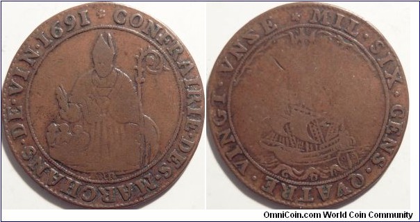 AE French Token of the Brotherhood of wine merchants and tavern keepers, 1691 