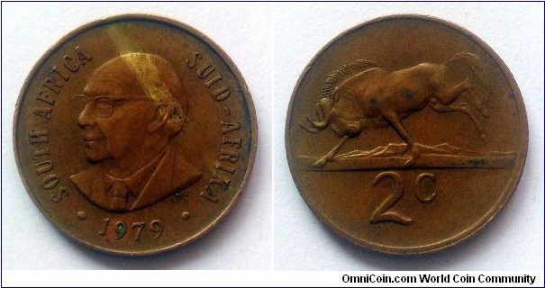 South Africa 2 cents. 1979,  Nicolaas Johannes Diederichs.