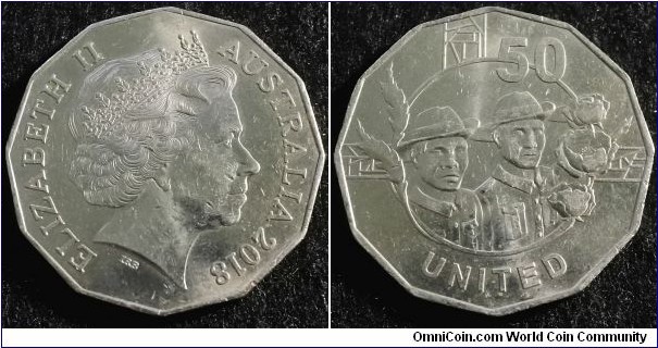 Australia 2018 50 cents. NCLT. Anzac Spirit - United. Found in circulation. Mintage: 296,070 