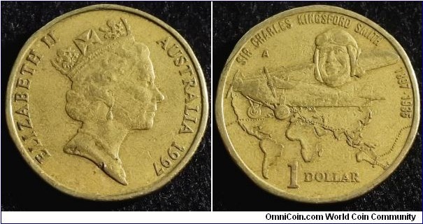 Australia 1997 1 dollar. Commemorating Sir Charles Kingsford Smith (small head). Mintmark A. NCLT. Pulled from circulation. Mintage: 25,403