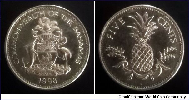 Bahamas 5 cents. 1998