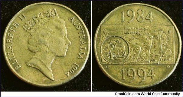 Australia 1994 1 dollar commemorating dollar decade. NCLT. Pulled from circulation. Mintmark C. Mintage: 105,090