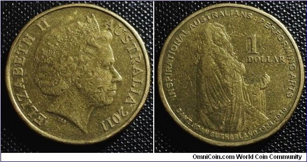 Australia 2011 1 dollar. Commemorating Inspirational Australians - Dame Joan Sutherland. NCLT. Pulled from circulation. Mintage : 24,951