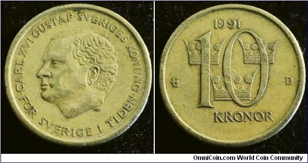 Sweden 1991 10 kronor. Found circulating in Australia as 2 dollar. 