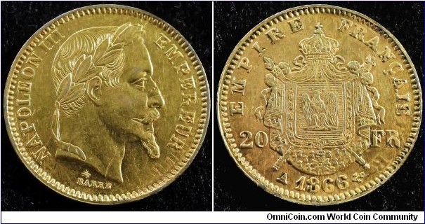 France 1866 20 franc. Contemporary counterfeit. Double struck (?) gold plated platinum. (!) Weight: 6.31g