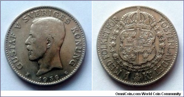 Sweden 1 krona. 1936, Gustaf V. Ag 800.