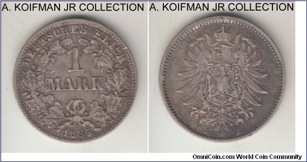 KM-7, 1885 Germany mark, Hamburg mint (J mint mark); silver, reeded edge; Wilhelm I, first unification type and smaller mintage mint, very fine or about.