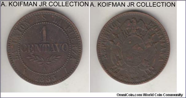 KM-167, 1883 Bolivia centavo, Paris mint (A mint mark); bronze, plain edge; 1-year type and scarce, dark brown almost uncirculated.