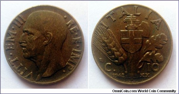 Italy 10 centesimi. 1942, Bronzital (II)