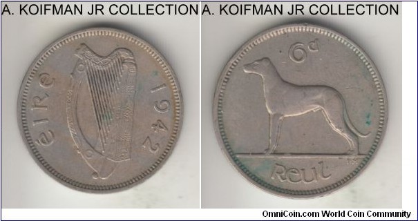 KM-13a, 1942 Ireland 6 pence; copper-nickel, plain edge; first year of the type, strong extra fine.