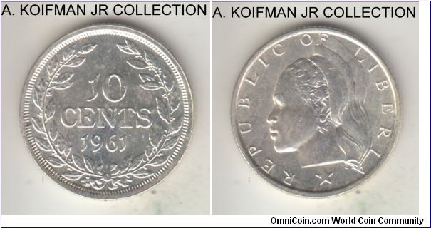 KM-15, 1961 Liberia 10 cents, Philadelphia (US) mint; silver, reeded edge; 2-year type, uncirculated, possibly cleaned.