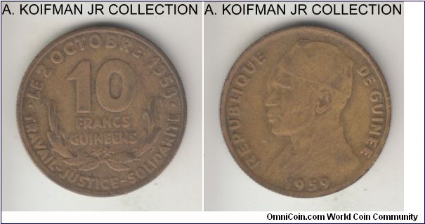 KM-2, 1959 Guinea 10 francs; aluminum-bronze, reeded edge; first guinean franc and a scarce 1-year type, average circulated.