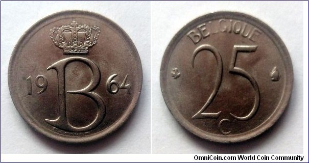 Belgium 25 centimes. 1964, French text.