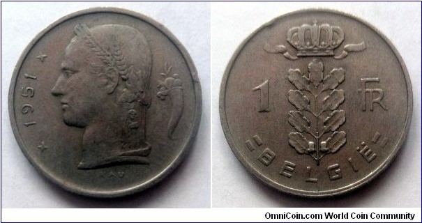 Belgium 1 franc. 1951, Dutch text.