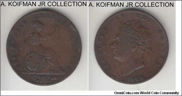 KM-692, 1826 Great Britain 1/2 penny; copper, plain edge; George IV, most common of the 3-year type, very good or so.