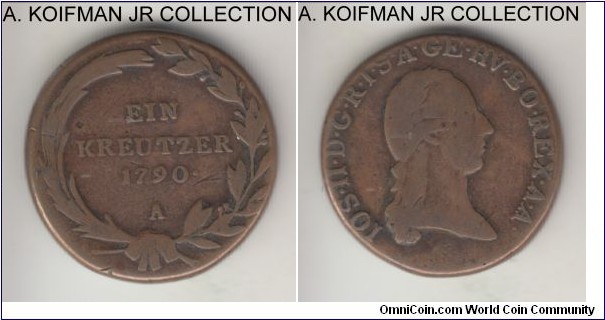 KM-2056, 1790 Austria kreuzer, Vienna mint (A mint mark); copper, plain edge; Joseph II, scarcer mint, good to very good.