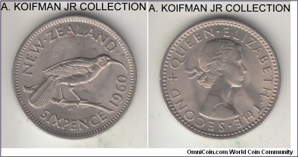 KM-26.2, 1960 New Zealand 6 pence; copper-nickel, reeded edge; Elizabeth II, uncirculated, some toning.