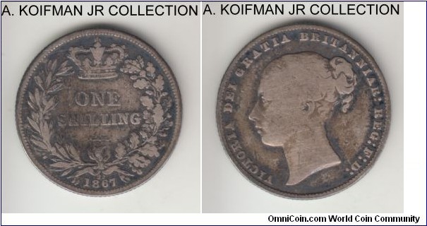 KM-734.2 or 734.3, 1867 Great Britain shilling, silver, reeded edge; Victoria, die number 22, very good or so, polished.