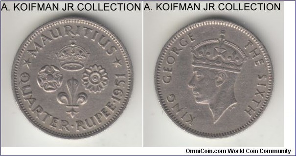 KM-27, 1951 Mauritius 1/4 rupee; copper-nickel, reeded edge; George VI, 2-year type, extra fine or about.