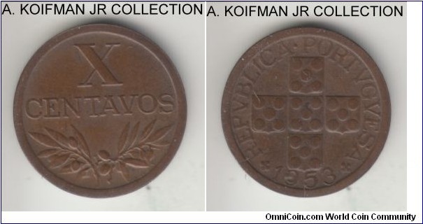 KM-583, 1953 Portugal 10 centavos; bronze, plain edge; brown good extra fine.