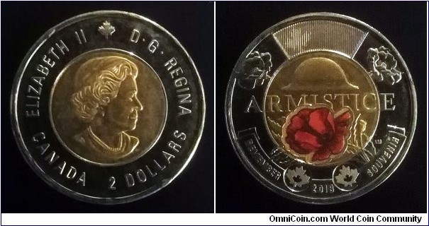 Canada 2 dollars. 2018, 100th Anniversary of the Armistice of 1918. Colored.