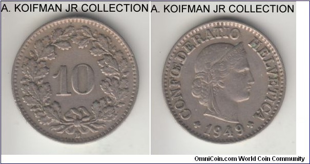 KM-27, 1949 Switzerland 10 rappen, Berne mint (B mint mark); copper-nickel, plain edge; modern Confederation coinage, very fine.