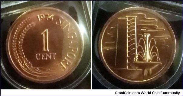 Singapore 1 cent from 1974 uncirculated mint set.