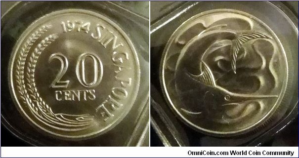 Singapore 20 cents from 1974 uncirculated mint set.