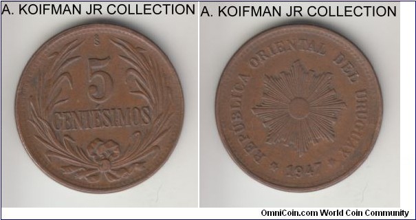 KM-21a, 1947 Uruguay 5 centesimos, Santiago de Chile mint (So mint mark); copper, plain edge; brown good extra fine.