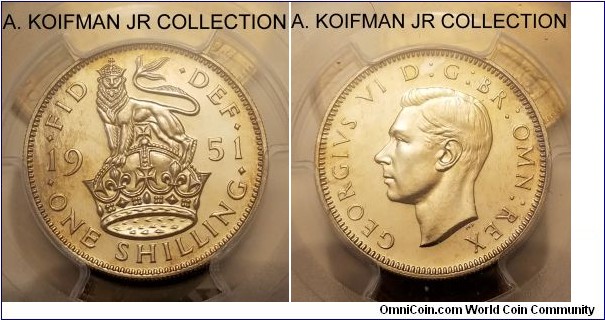 KM-876, 1951 Great Britain shilling; proof, copper-nickel, reeded edge; George VI last type, English crest, mintage 20,000 (17,500 by Numista) in proof sets, PCGS graded PR 66.