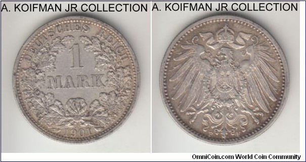 KM-14, 1901 Germany (Empire) mark, Stuttgart mint (F mint mark); silver, reeded edge; Wilhelm II, one of the smaller mintage mint/years, extra fine  or almost.