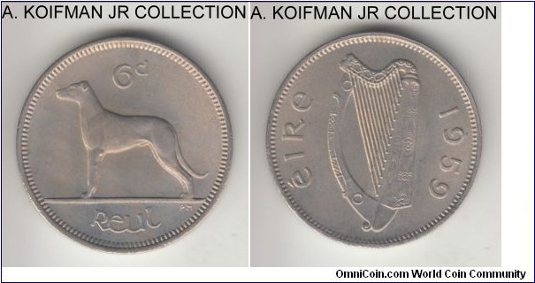 KM-13a, 1959 Ireland 6 pence; copper nickel, plain edge; lightly toned choice uncirculated.