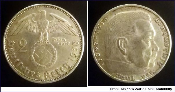 Germany (Third Reich) 2 reichsmark. 1938 E - Muldenhütten. Paul von Hindenburg. Ag 625.