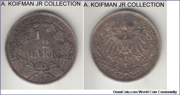 KM-17, 1912 Germany (Empire) 1/2 mark, Muldenhutten mint (E mint mark); silver, reeded edge; Wilhelm II, smallest mint of the year, decent very fine.