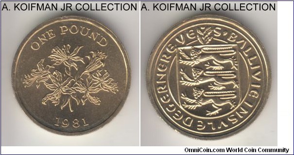 KM-35, 1981 Guernsey pound; nickel-brass, reeded and lettered edge; Elizabeth II, 1-year type circulation issue, Arms and Guernsey Lily, bright uncirculated.