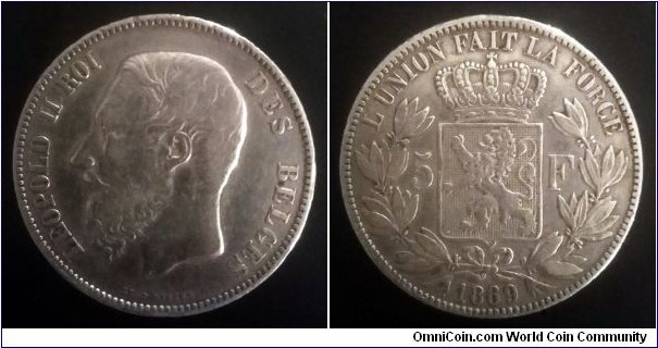 Belgium 5 francs. 1869, Leopold II. Ag 900. Weight; 25g. Diameter; 37mm.