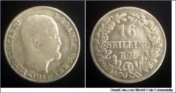 Denmark 16 skilling rigsmønt. 1856, Frederik VII. Ag 500.