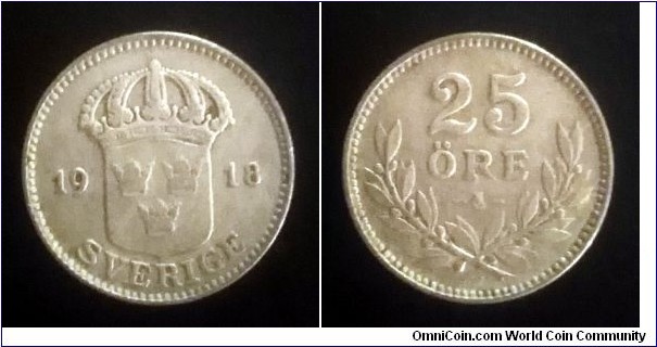 Sweden 25 ore. 1918, Ag 600.