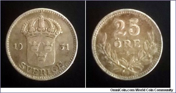 Sweden 25 ore. 1931, Ag 600.