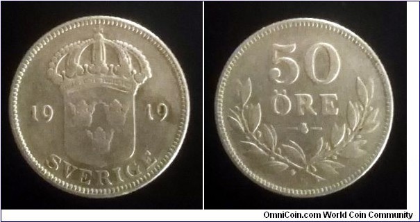 Sweden 50 ore. 1919, Ag 600.