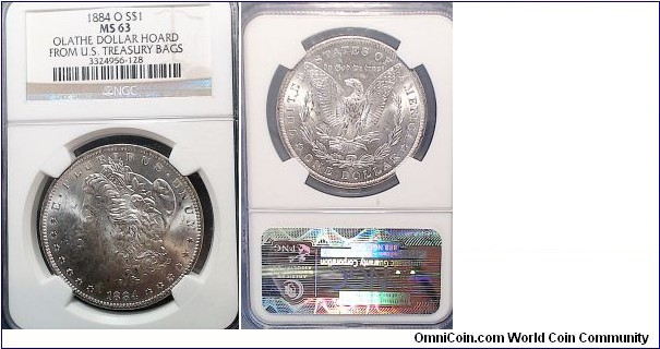  1884-O Morgan from the Olathe Dollar Hoard from U.S. Treasury Bags graded NGC MS63