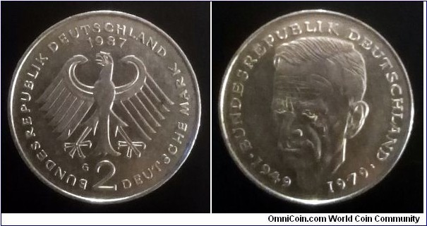 German Federal Republic (West Germany) 2 mark. 1987 G, 30 Years of Federal Republic of Germany - Kurt Schumacher.